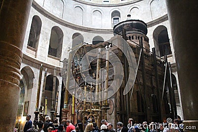 Pilgrims in front of The Edicule in The Church of the Holy Sepulchre, Christ`s tomb, in the Old City of Jerusalem, Israel Editorial Stock Photo